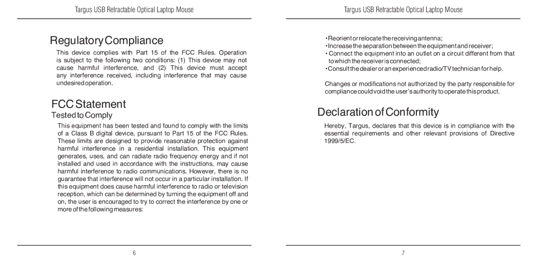 Targus 410-2095-001A warranty Regulatory Compliance, FCC Statement, Declaration of Conformity 