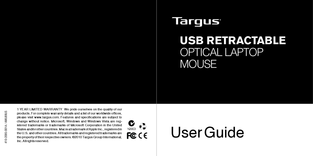Targus warranty User Guide, Usb Retractable Optical Laptop Mouse, 410-2095-001A / AMU89US 