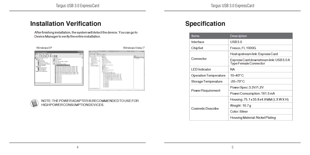 Targus 410-2207-001A warranty Installation Verification, Specification 