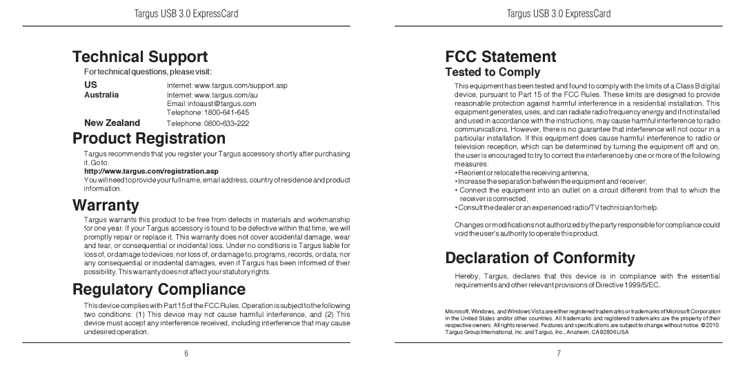 Targus 410-2207-001A warranty Technical Support, Product Registration, Warranty, Regulatory Compliance, FCC Statement 