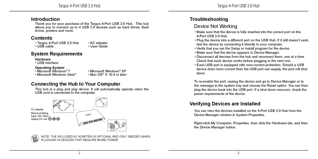 Targus 410-2217-001A Introduction, Contents, System Requirements, Connecting the Hub to Your Computer, Troubleshooting 