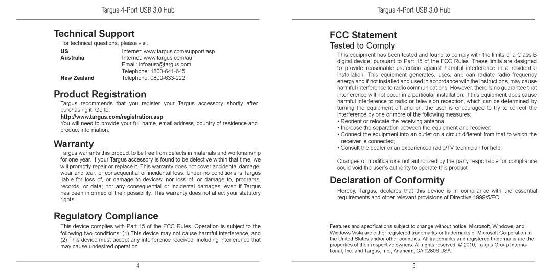 Targus 410-2217-001A warranty Technical Support, Product Registration, Warranty, Regulatory Compliance, FCC Statement 