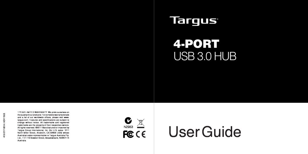 Targus warranty User Guide, Port, USB 3.0 HUB, 410-2217-001A / ACH119US 
