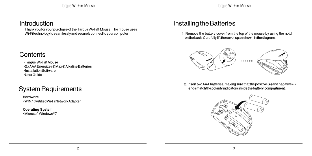 Targus 410-2310-001A warranty Introduction, Contents, System Requirements, Installing the Batteries 