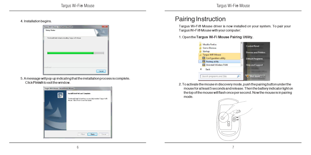 Targus 410-2310-001A warranty Pairing Instruction, Open the Targus Wi-Fi Mouse Pairing Utility 