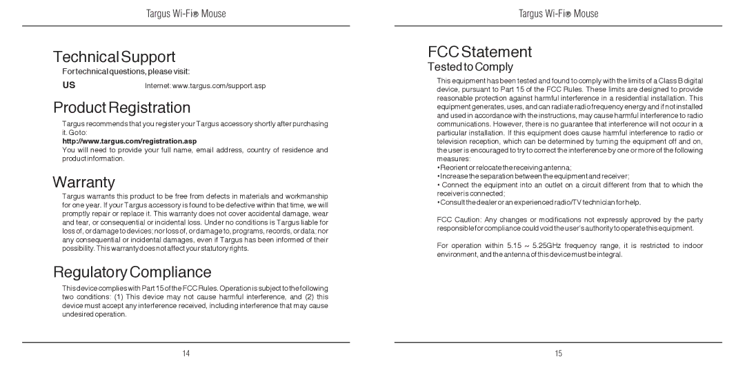 Targus 410-2310-001A warranty Technical Support, Product Registration, Warranty, Regulatory Compliance, FCC Statement 