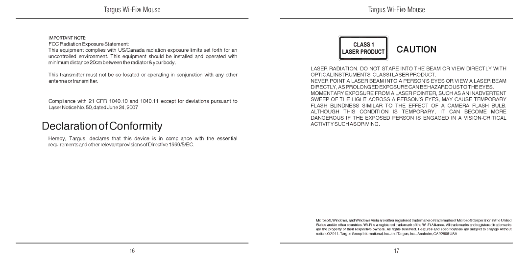 Targus 410-2310-001A warranty Declaration of Conformity, Important Note 