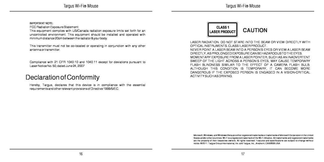 Targus 410-2310-001A warranty Declaration of Conformity, Targus Wi-Fi Mouse 