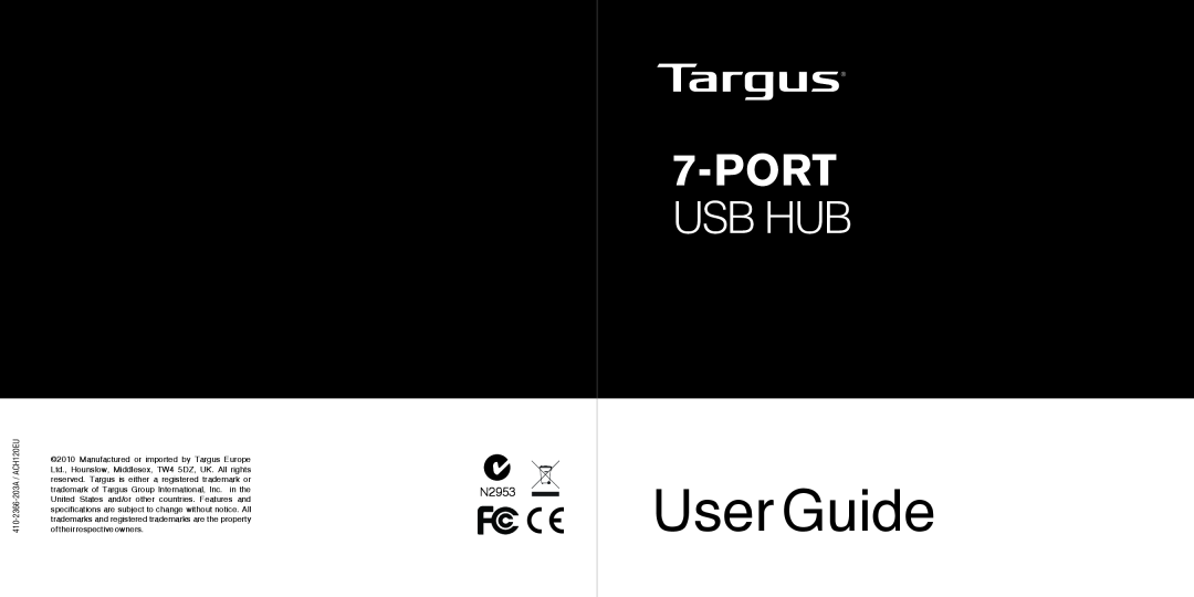 Targus 410-2366-203A/ACH120EU manual User Guide, Port, Usb Hub, 410-2366-203A / ACH120EU 