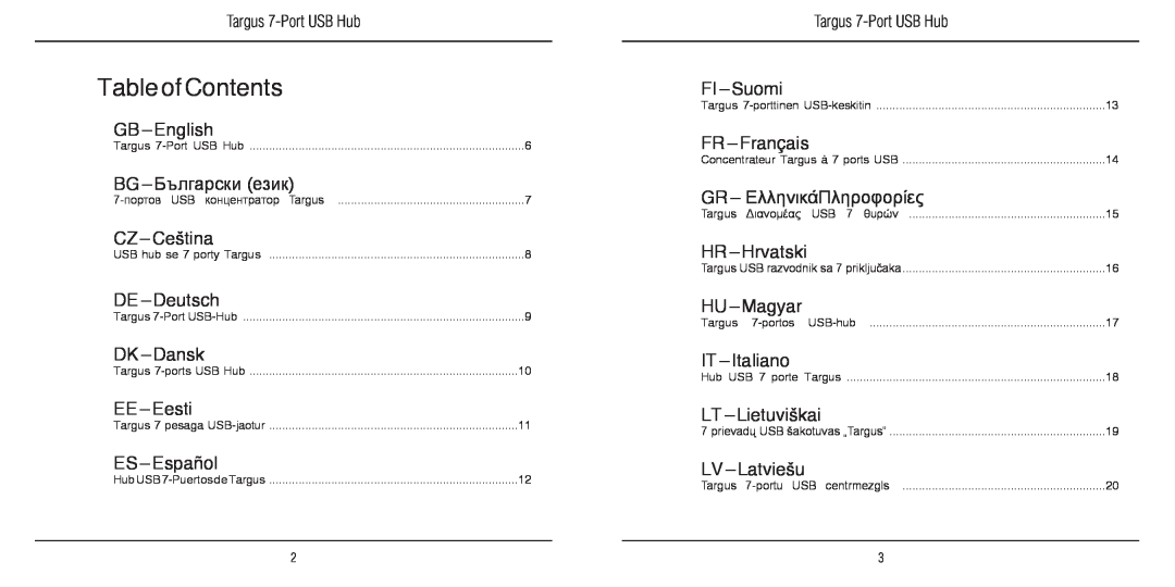 Targus 410-2366-203A/ACH120EU manual Table of Contents 