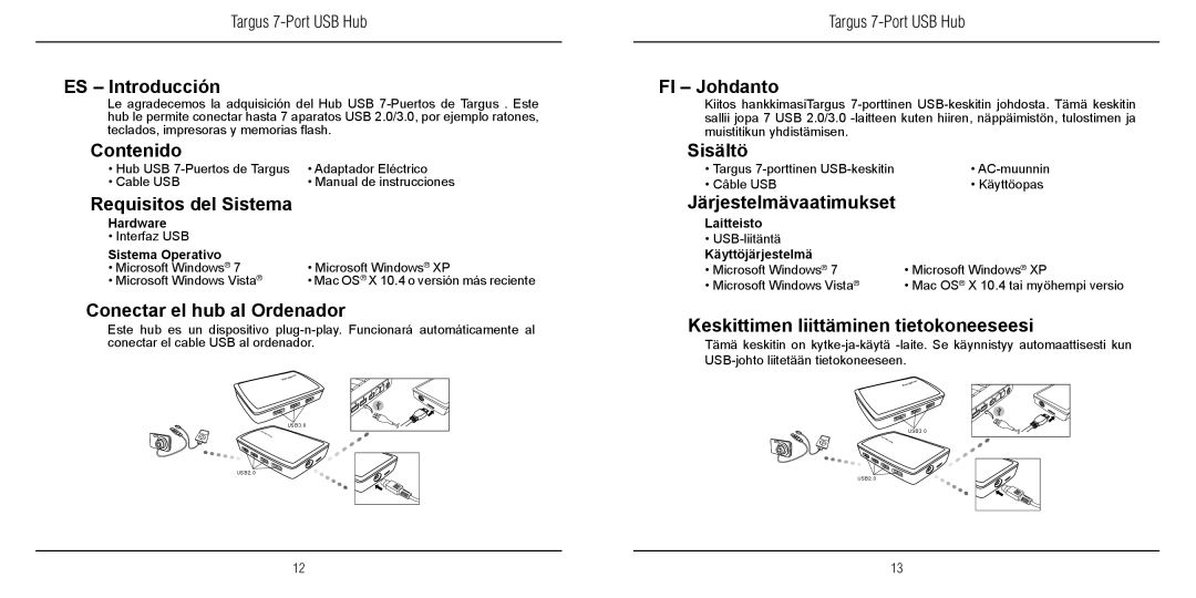 Targus 410-2366-203A/ACH120EU ES - Introducción, Contenido, Requisitos del Sistema, Conectar el hub al Ordenador, Sisältö 