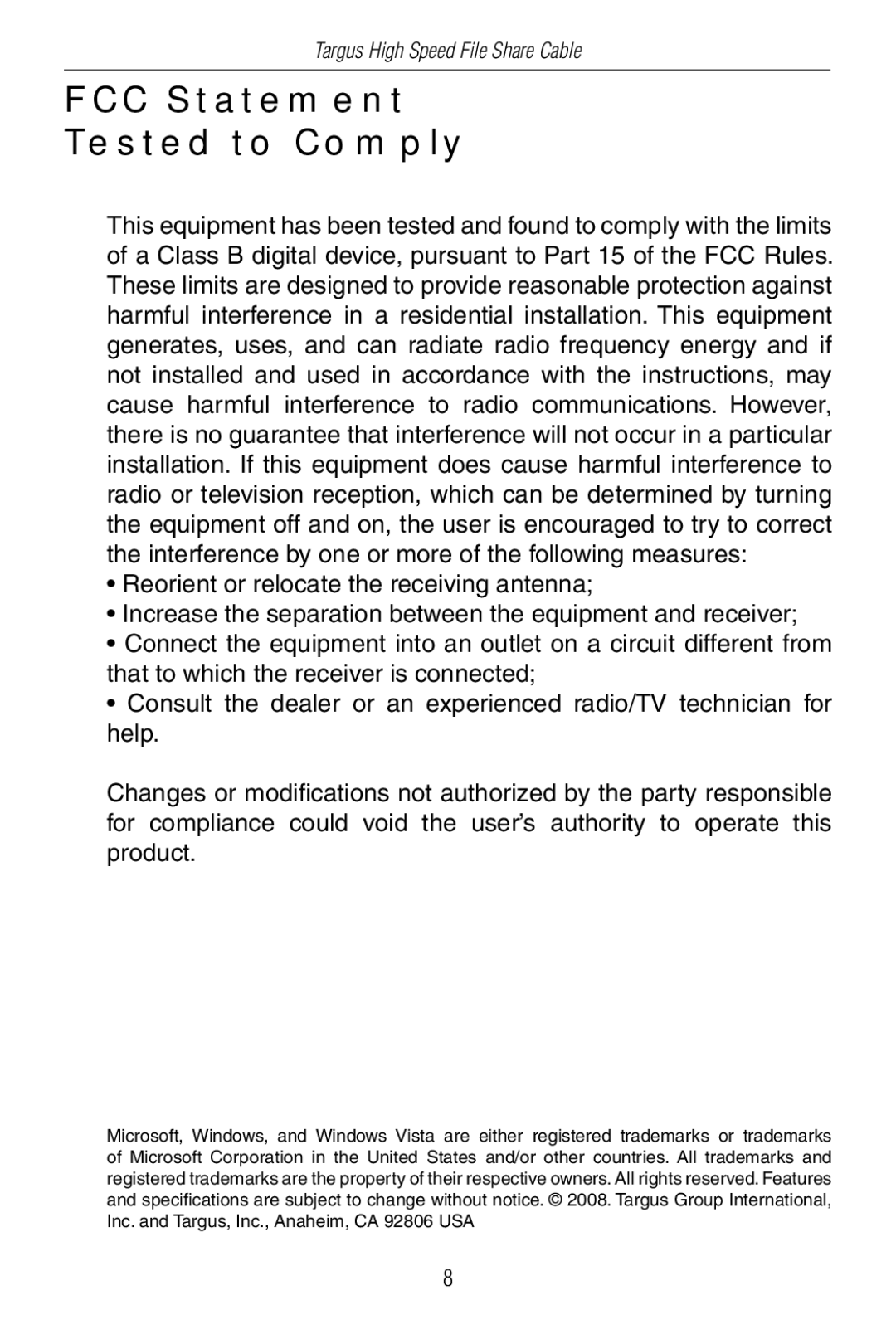 Targus ACC96US specifications FCC Statement Tested to Comply 