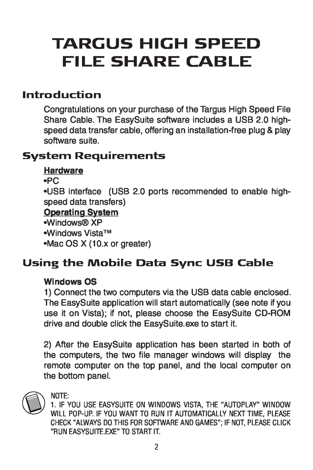 Targus ACC96US Introduction, System Requirements, Using the Mobile Data Sync USB Cable, Hardware PC, Windows OS 