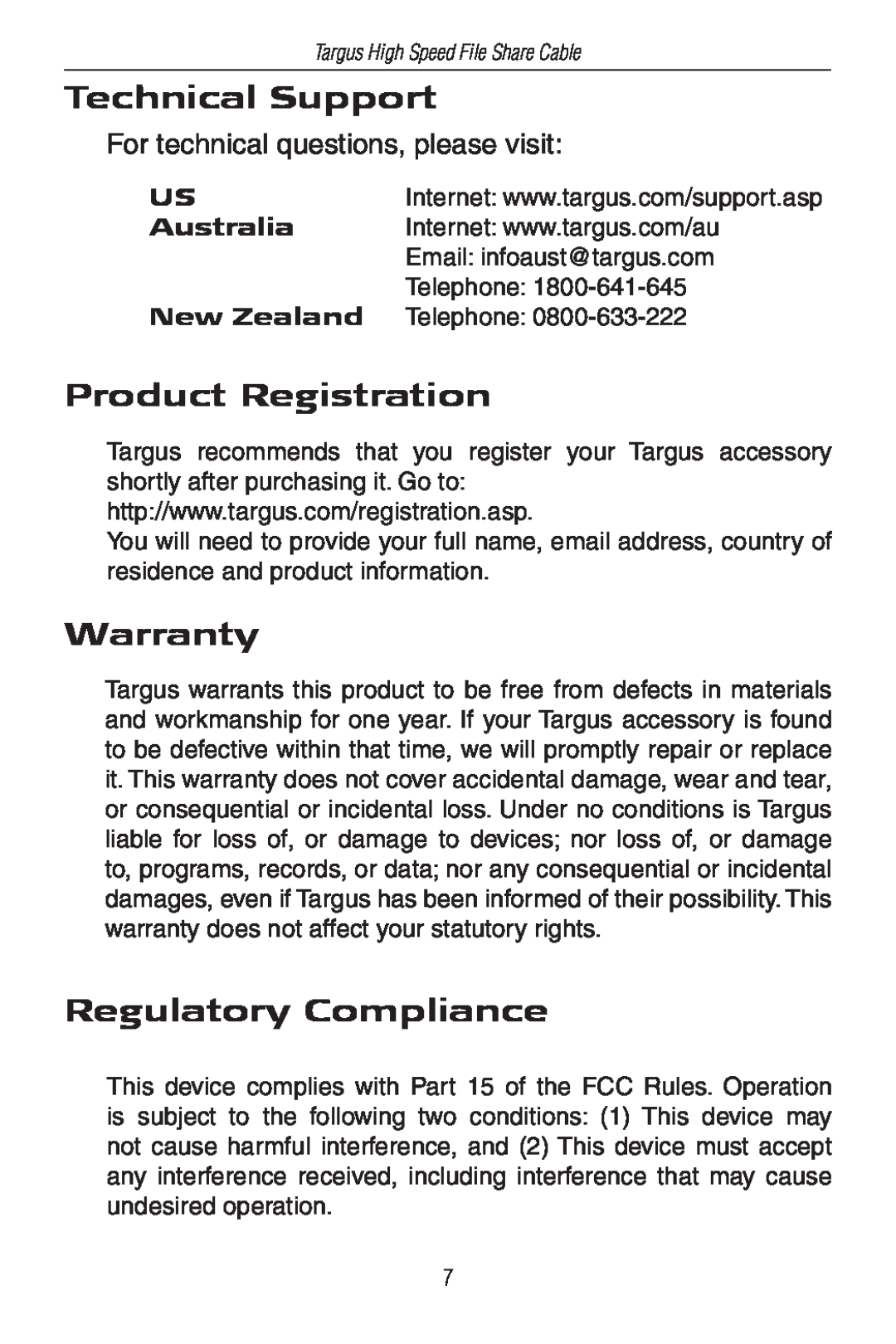 Targus ACC96US Australia, New Zealand, Technical Support, Product Registration, Warranty, Regulatory Compliance 