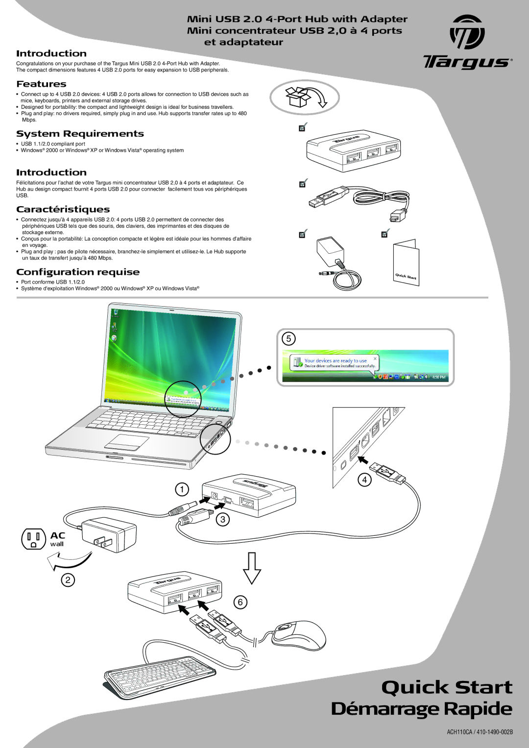 Targus ACH110CA quick start Features, System Requirements, Caractéristiques, Configuration requise 