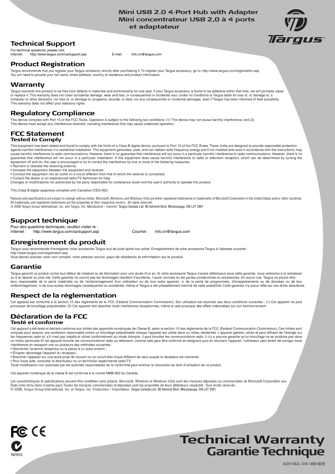 Targus ACH110CA Technical Support, Product Registration Warranty, Regulatory Compliance, FCC Statement, Support technique 