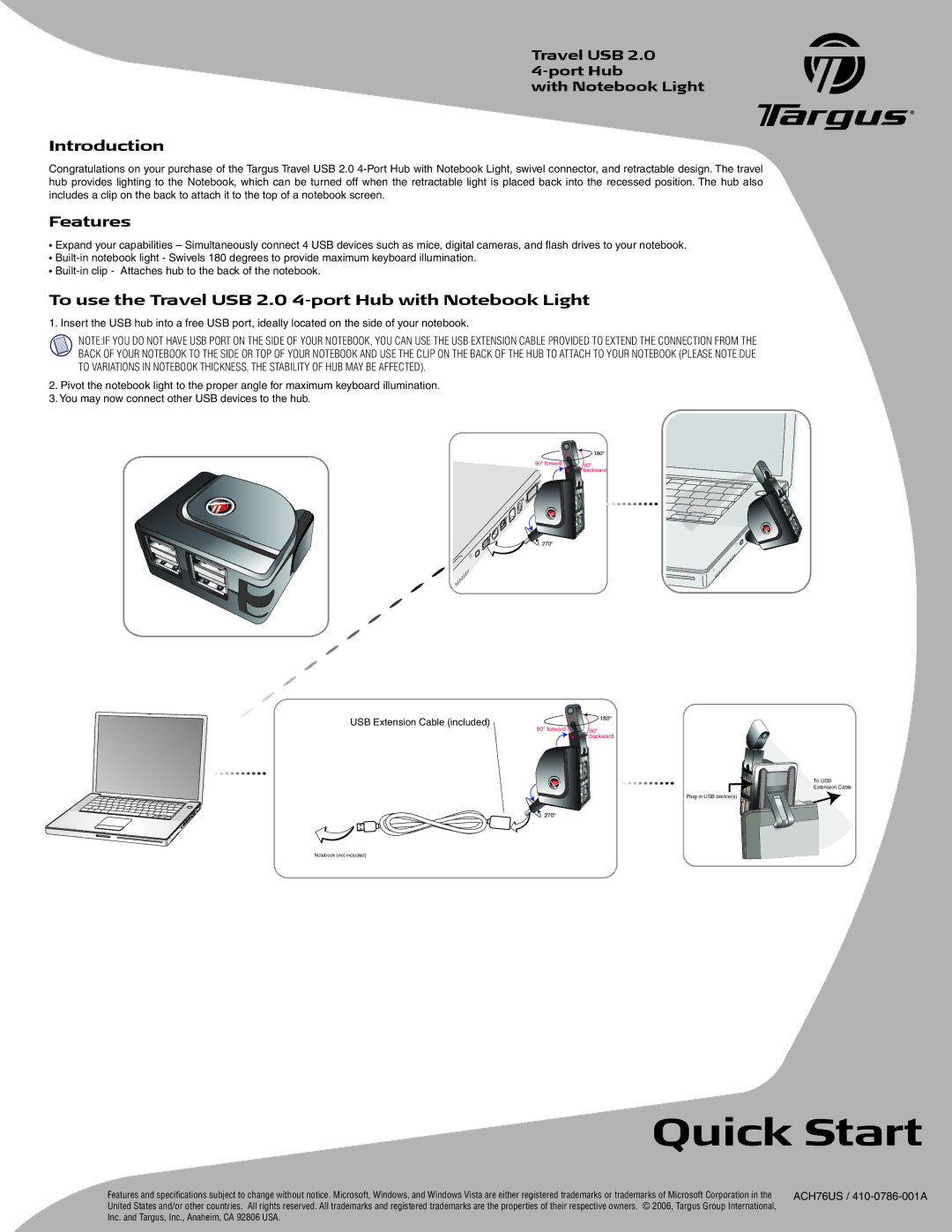 Targus ACH76US specifications Introduction, Features, To use the Travel USB 2.0 4-port Hub with Notebook Light 