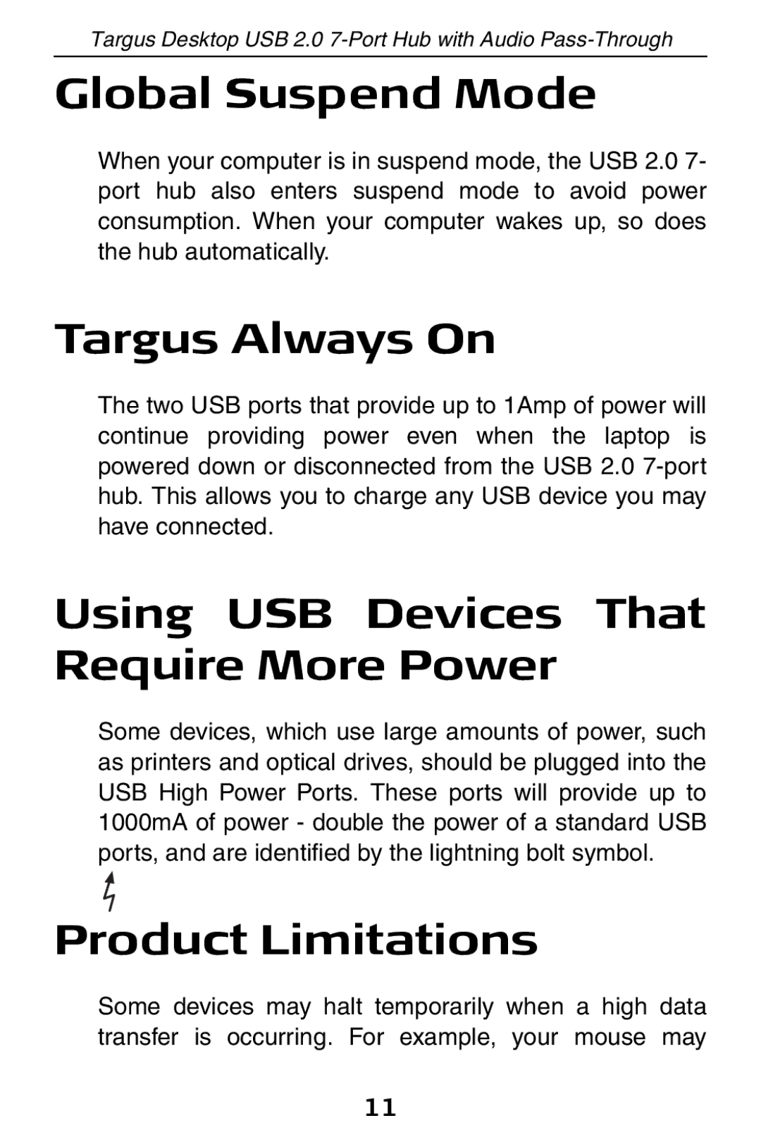 Targus ACH81US Global Suspend Mode, Targus Always On, Using USB Devices That Require More Power, Product Limitations 