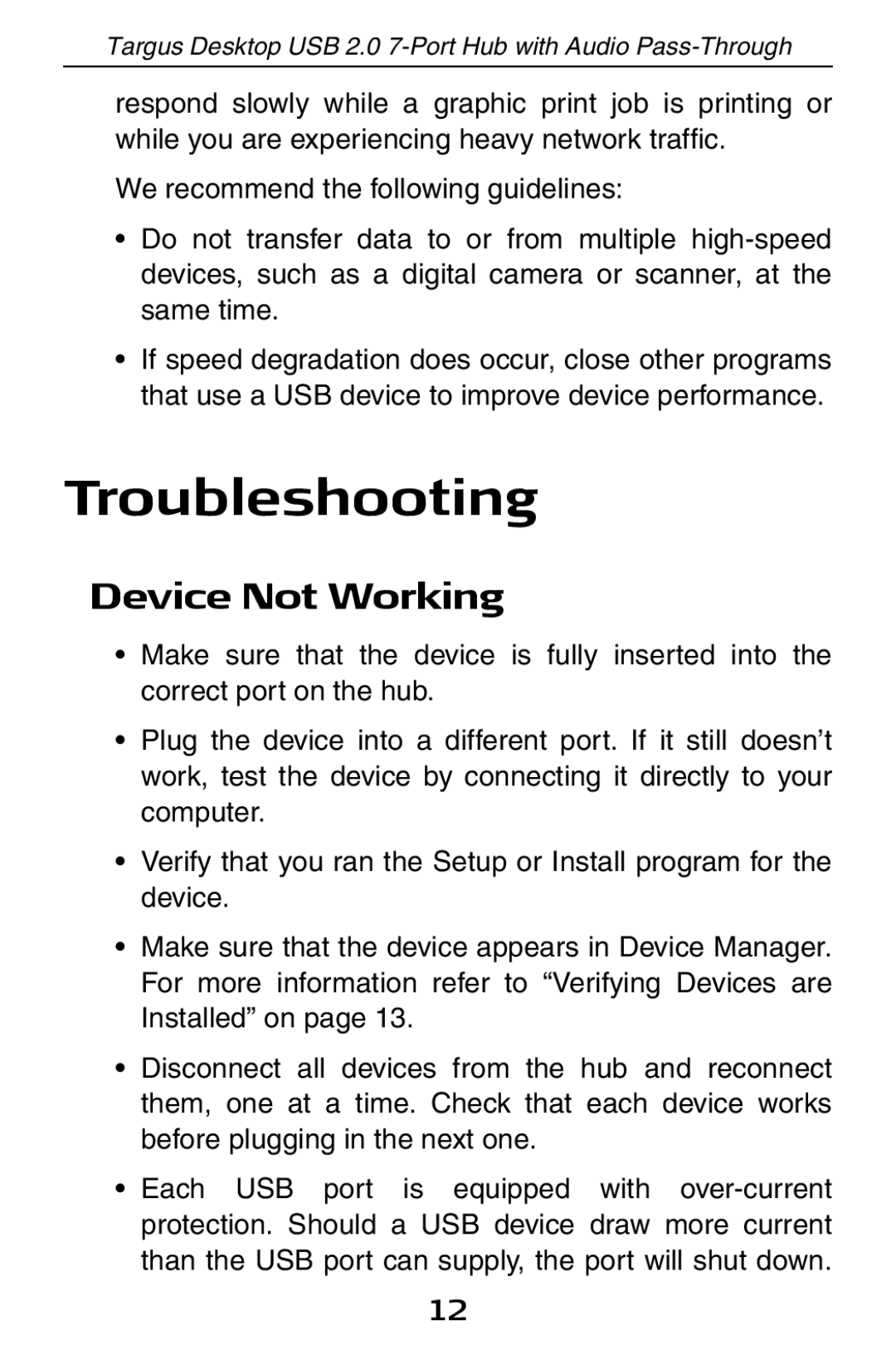 Targus ACH81US specifications Troubleshooting, Device Not Working 