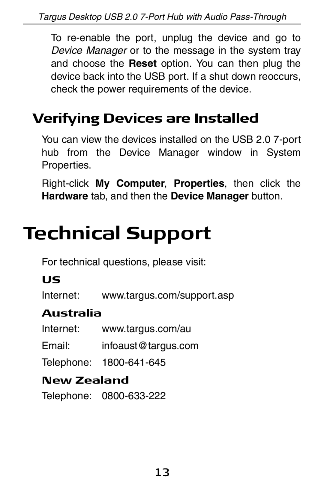 Targus ACH81US specifications Technical Support, Verifying Devices are Installed 