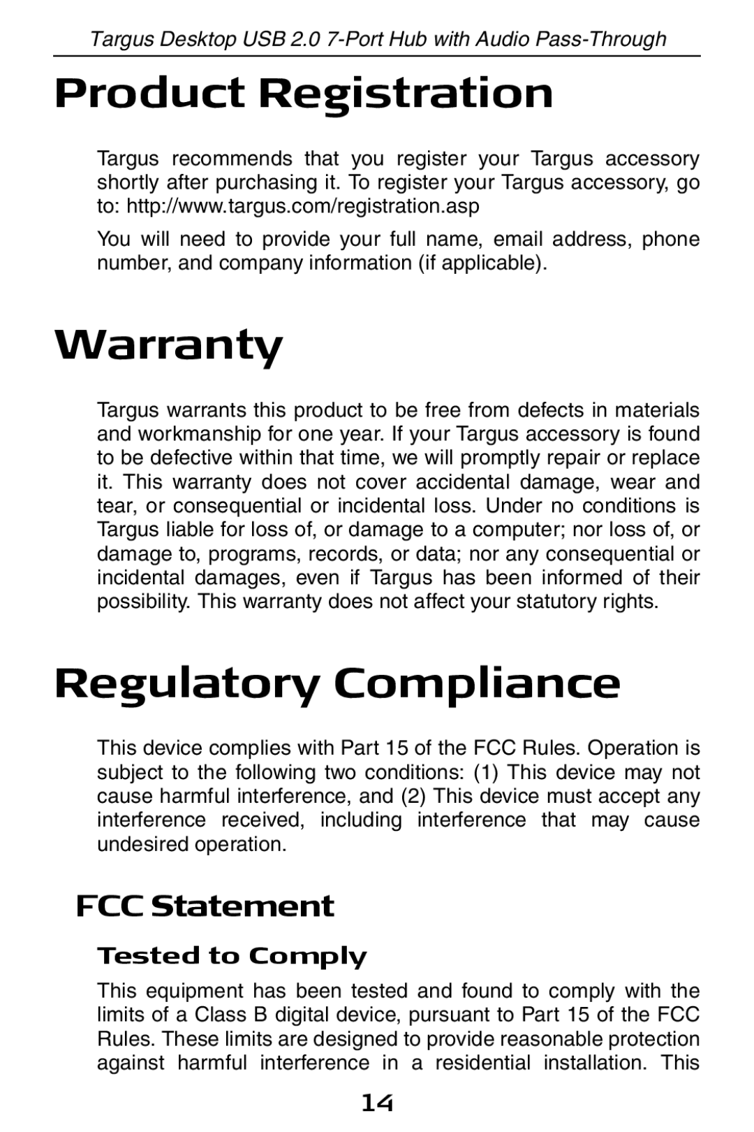 Targus ACH81US specifications Product Registration, Warranty, Regulatory Compliance, FCC Statement 