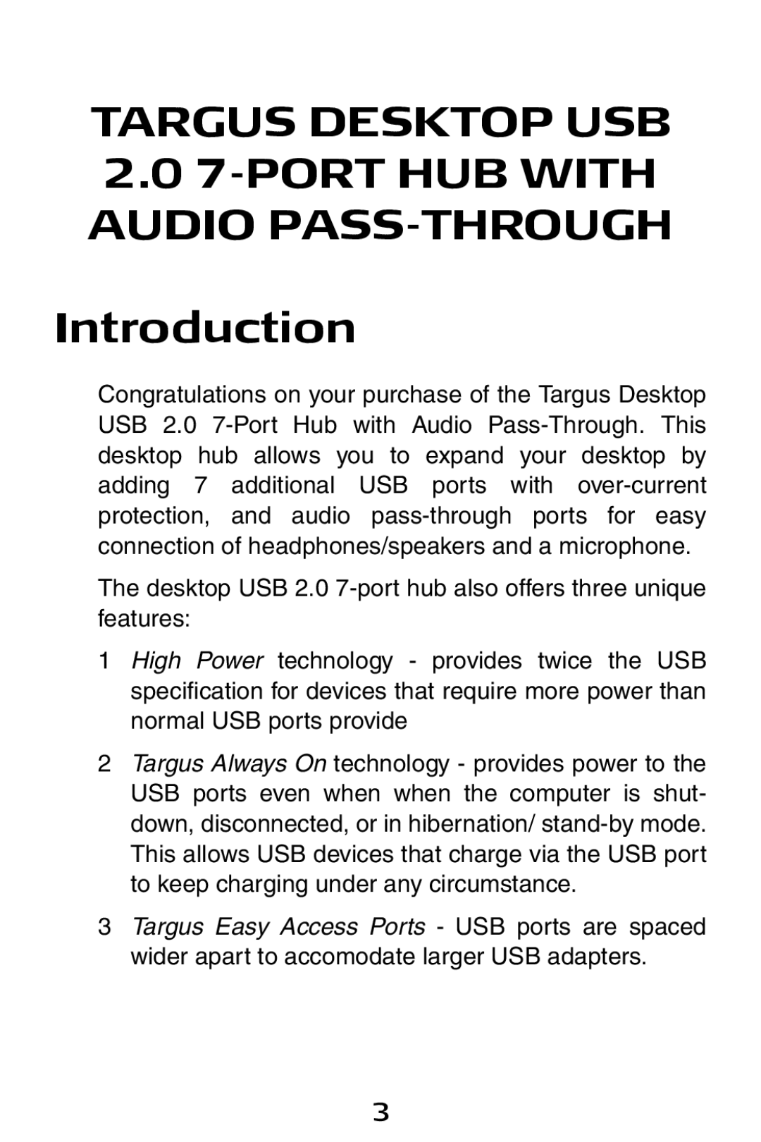 Targus ACH81US specifications Targus Desktop USB 7-PORT HUB with Audio PASS-THROUGH, Introduction 