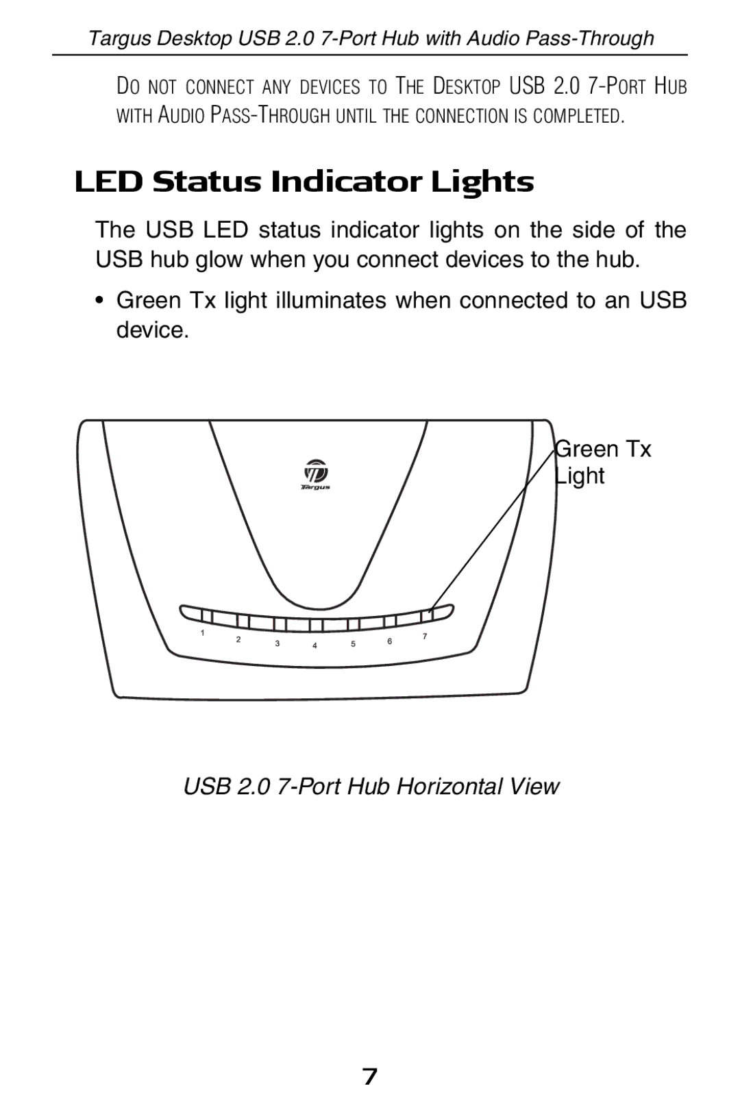 Targus ACH81US specifications LED Status Indicator Lights, USB 2.0 7-Port Hub Horizontal View 