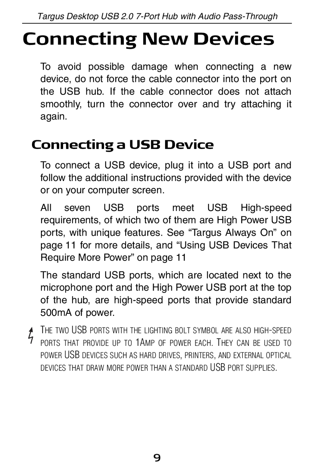 Targus ACH81US specifications Connecting New Devices, Connecting a USB Device 