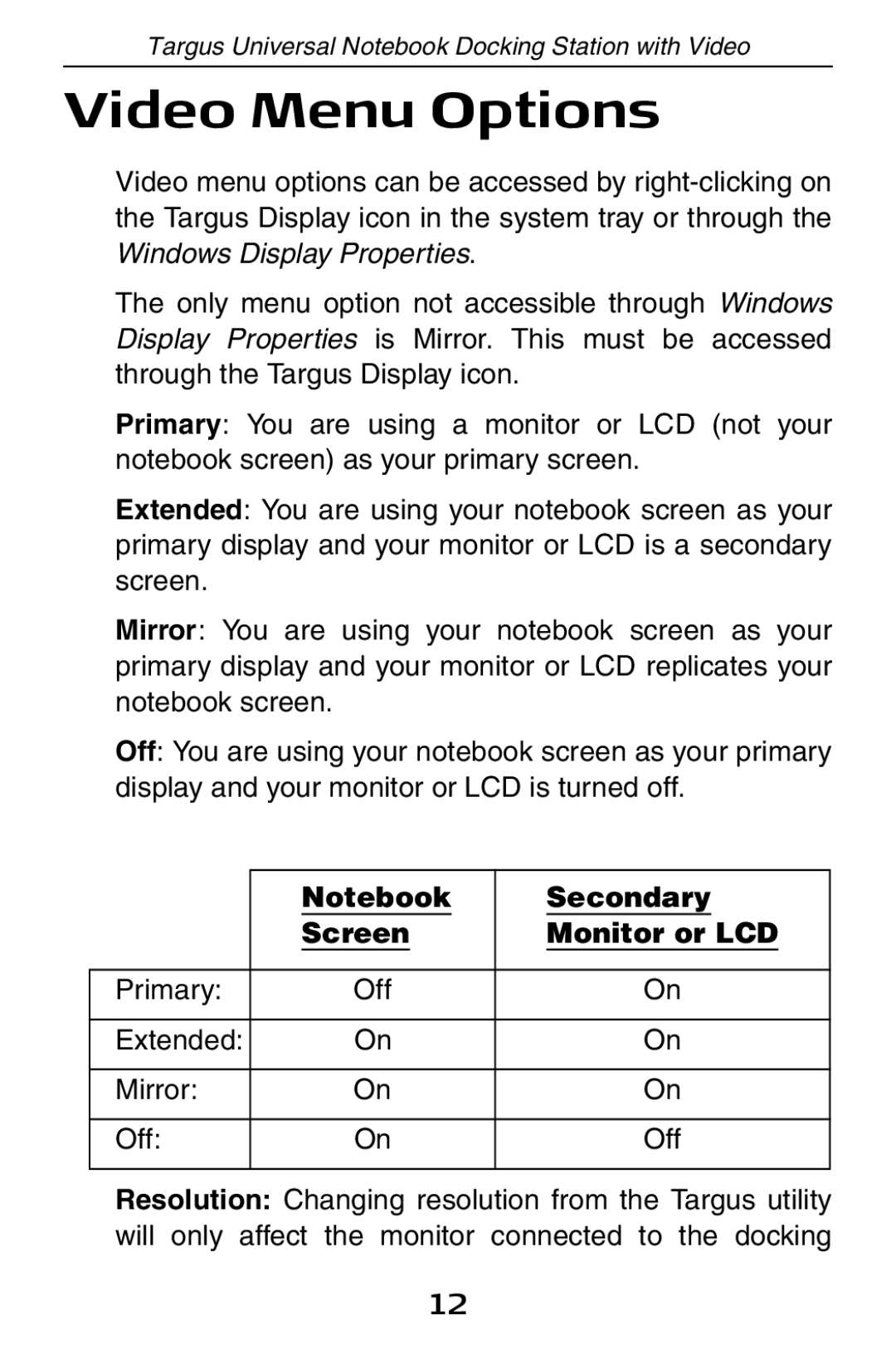 Targus ACP50 specifications Video Menu Options, Secondary, Screen Monitor or LCD 