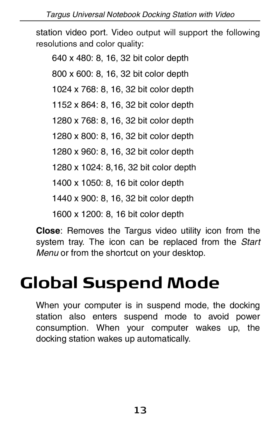 Targus ACP50 specifications Global Suspend Mode 