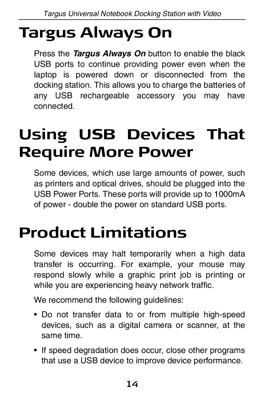 Targus ACP50 specifications Targus Always On, Using USB Devices That Require More Power, Product Limitations 