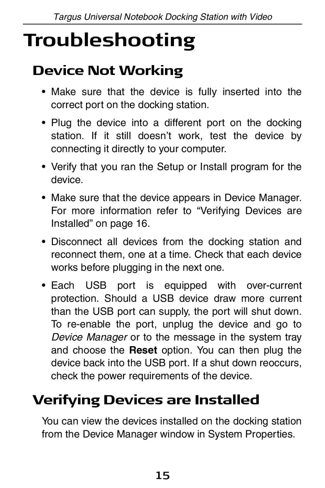 Targus ACP50 specifications Troubleshooting, Device Not Working, Verifying Devices are Installed 