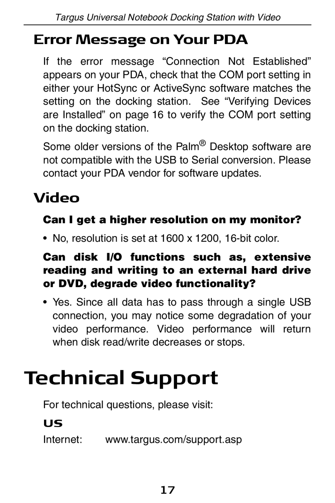 Targus ACP50 Technical Support, Error Message on Your PDA, Video, Can I get a higher resolution on my monitor? 