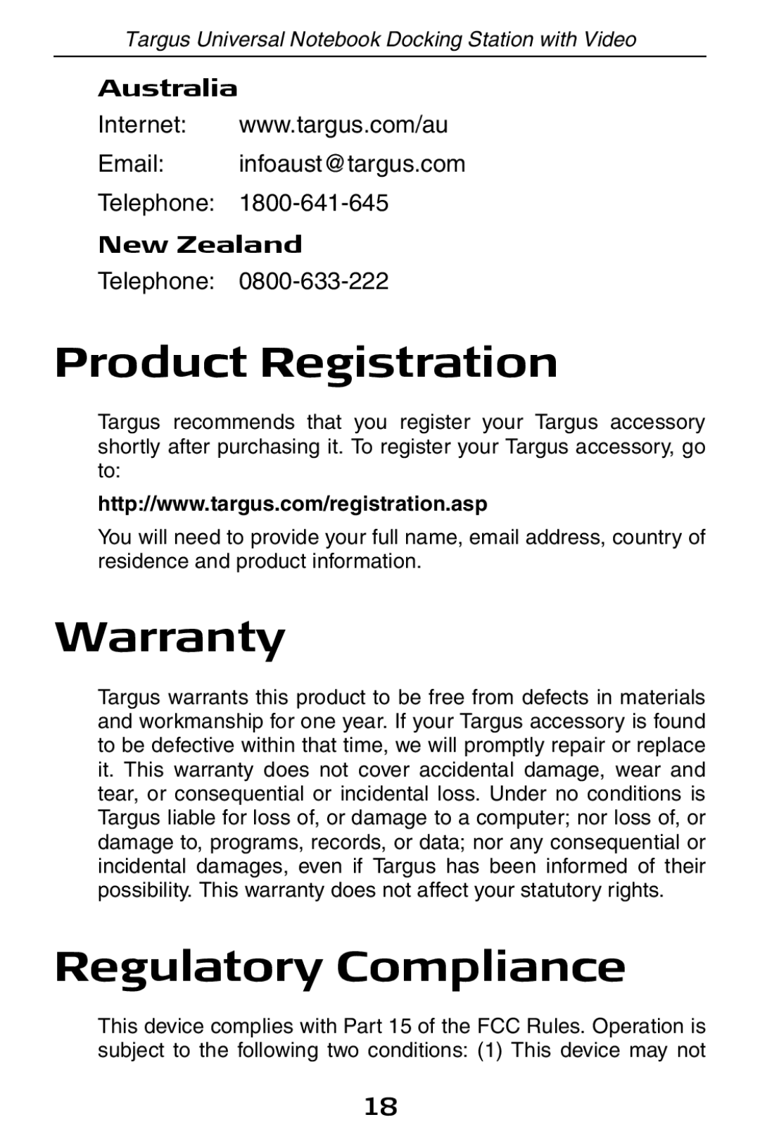 Targus ACP50 specifications Product Registration, Warranty, Regulatory Compliance, Australia, New Zealand 