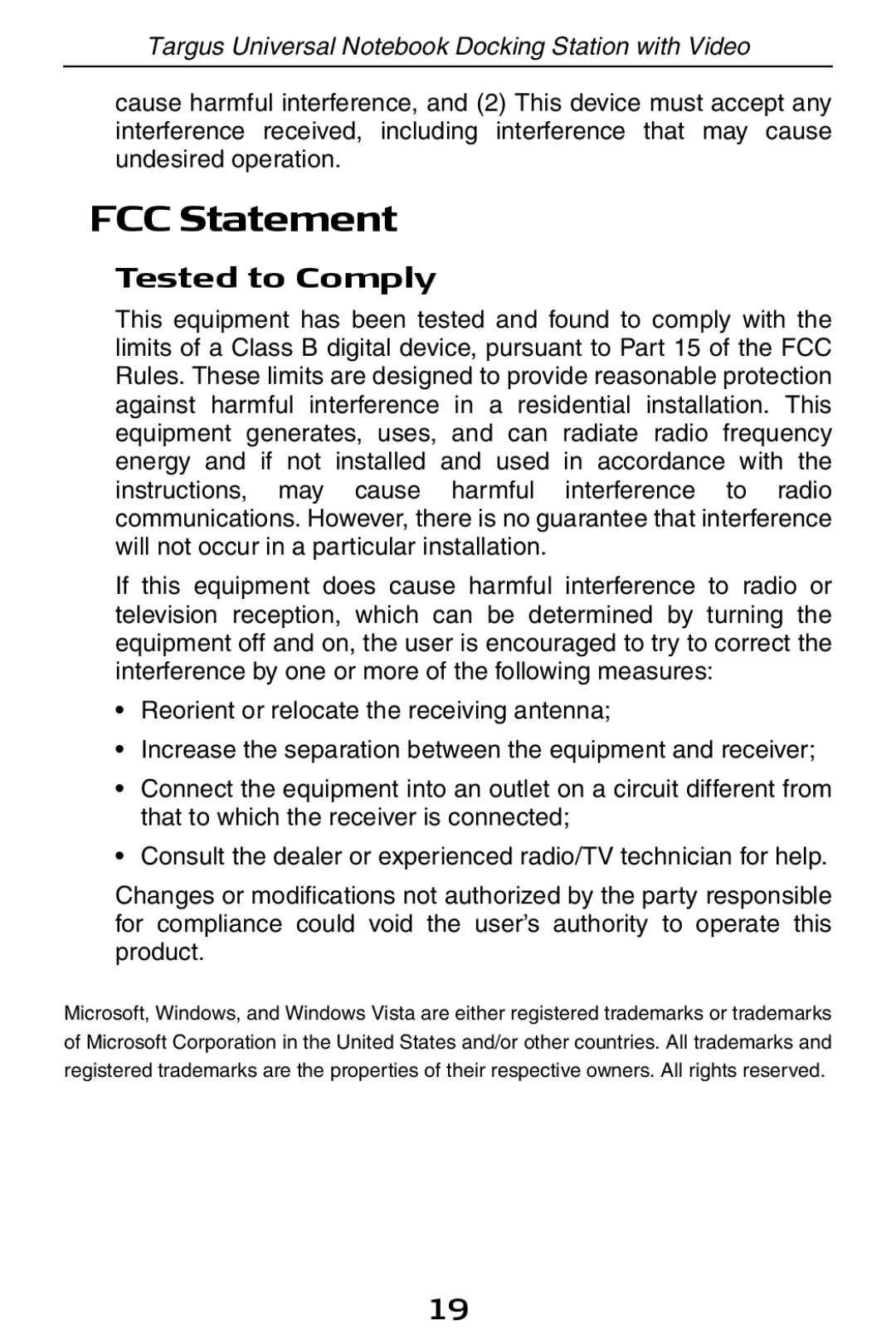 Targus ACP50 specifications FCC Statement, Tested to Comply 