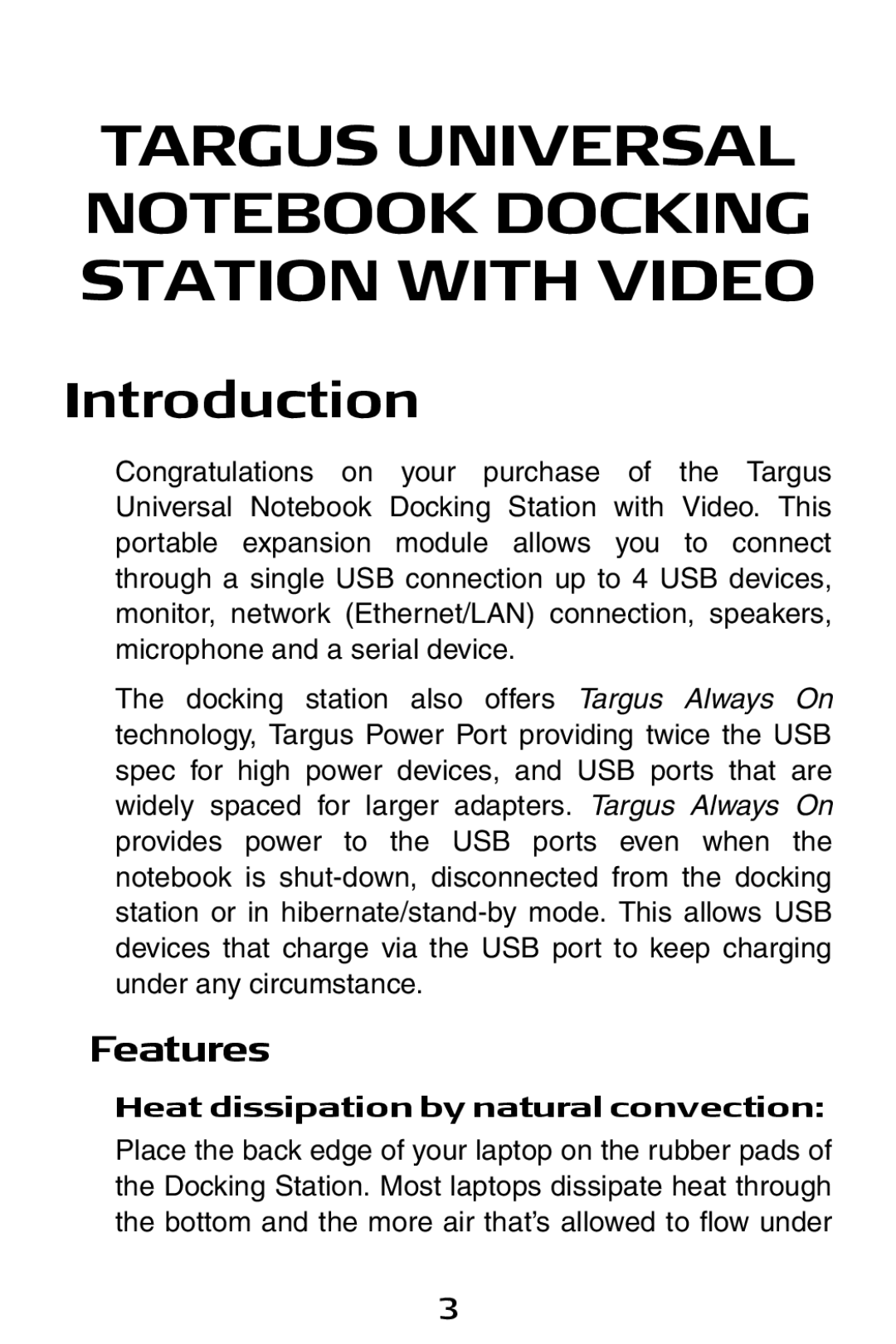 Targus ACP50 specifications Introduction, Features, Heat dissipation by natural convection 