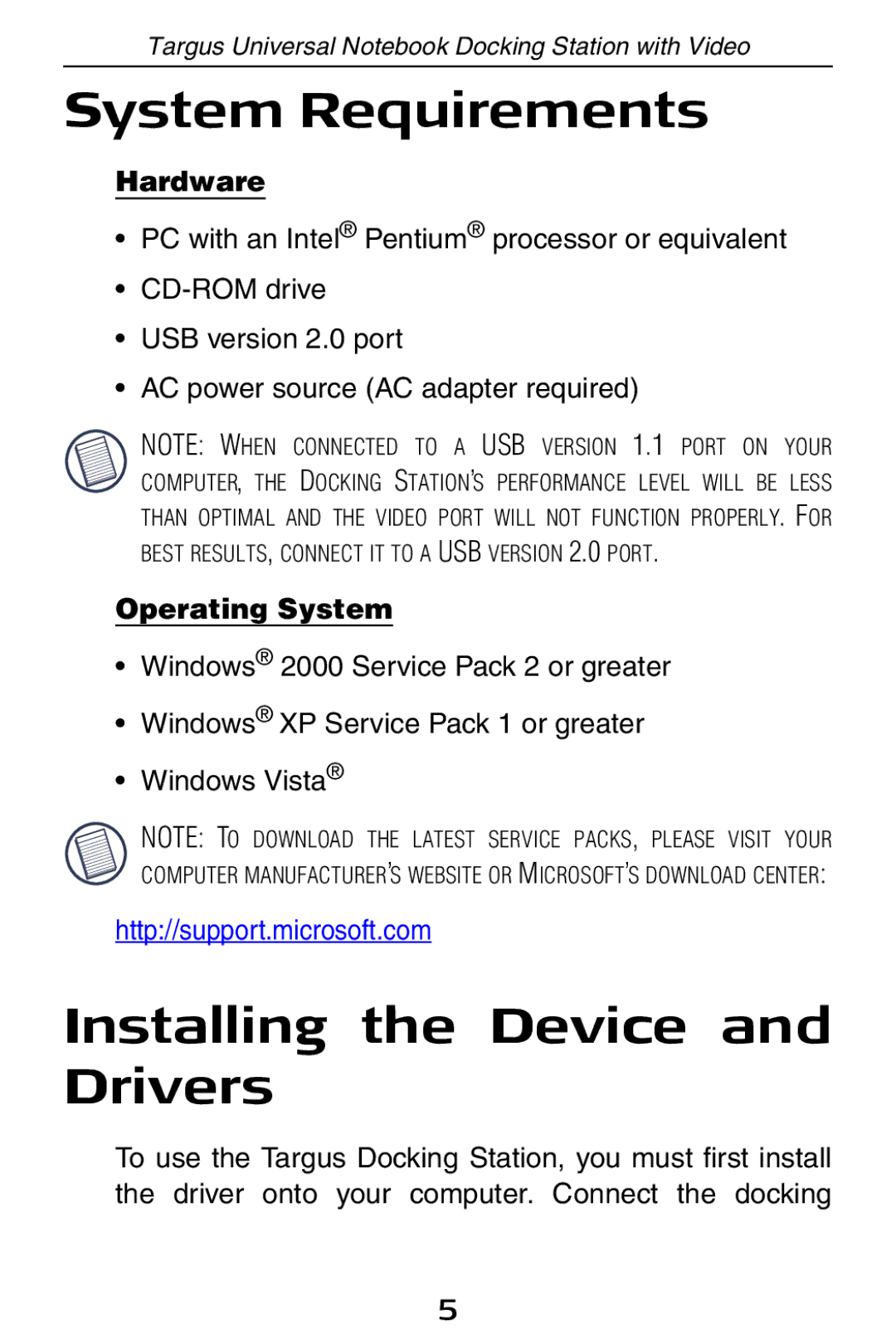 Targus ACP50 specifications System Requirements, Installing the Device and Drivers, Hardware, Operating System 