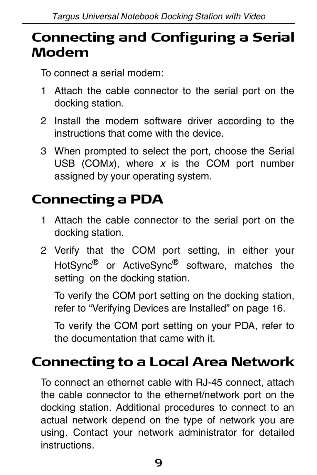 Targus ACP50 specifications Connecting and Configuring a Serial Modem, Connecting a PDA, Connecting to a Local Area Network 