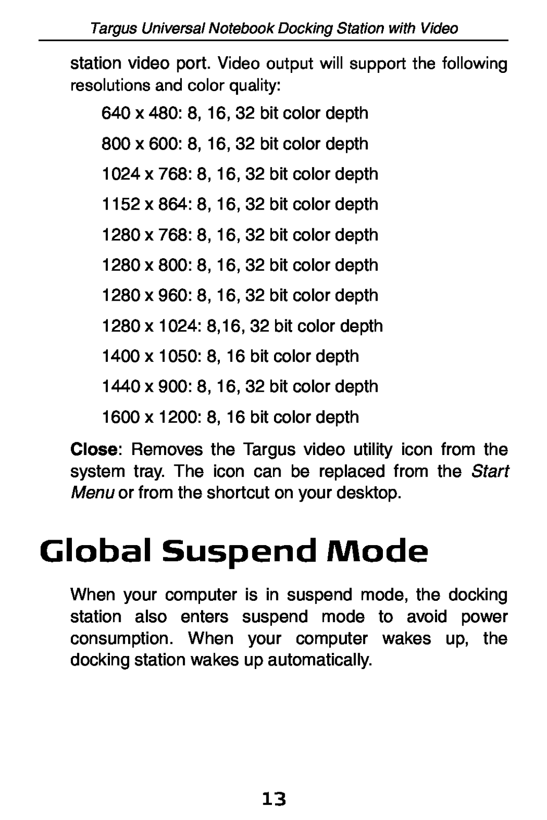 Targus ACP50 specifications Global Suspend Mode 