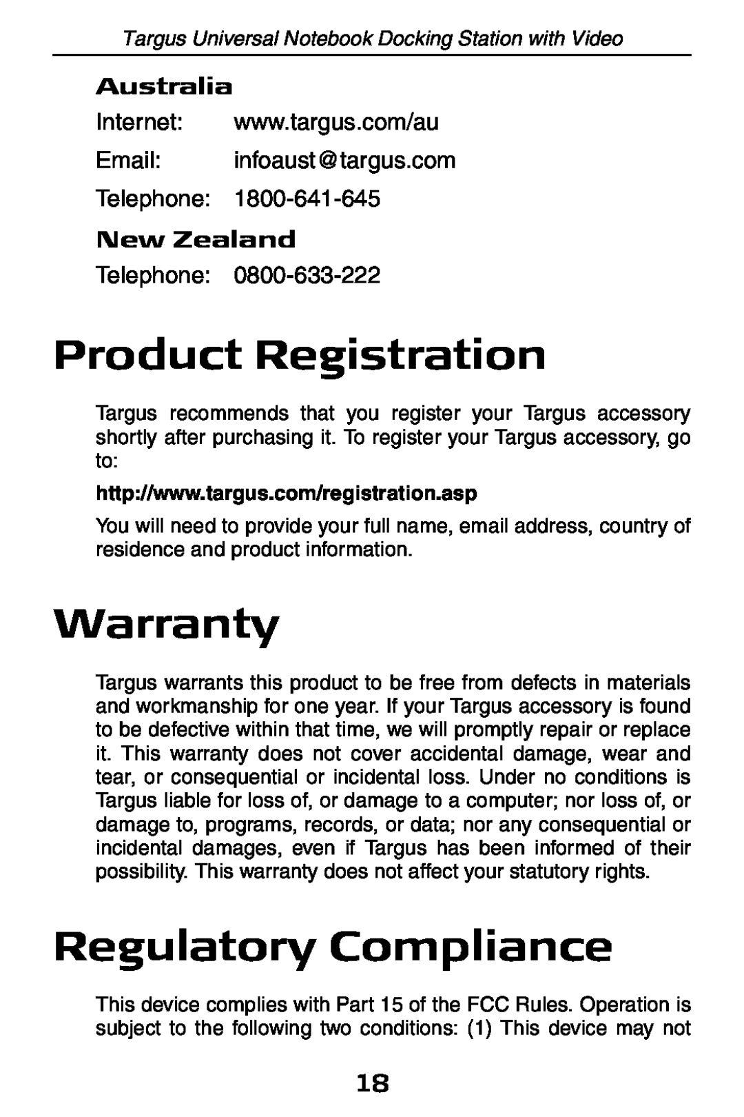 Targus ACP50 specifications Product Registration, Warranty, Regulatory Compliance, Australia, New Zealand 