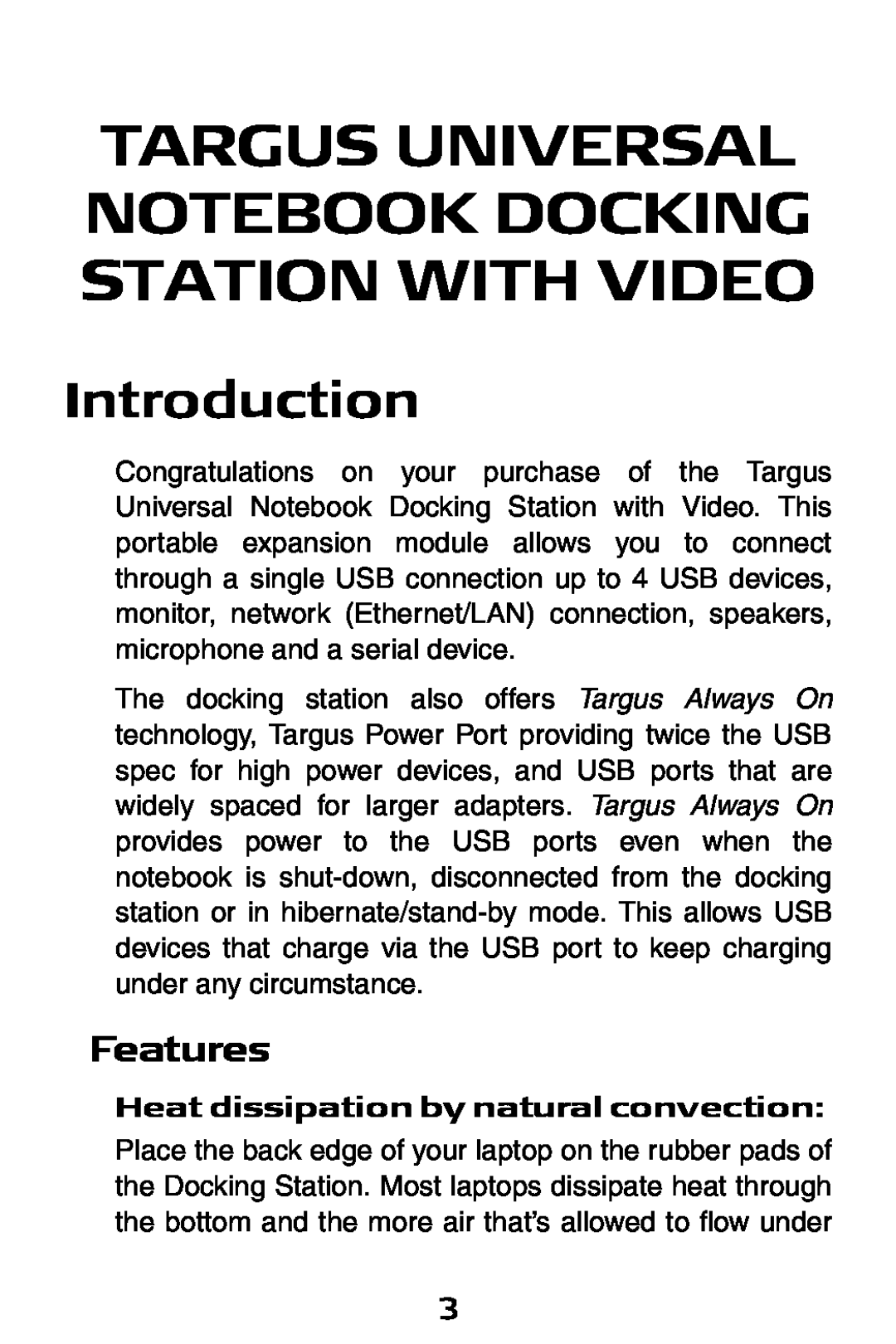 Targus ACP50 specifications Targus Universal Notebook Docking Station With Video, Introduction, Features 