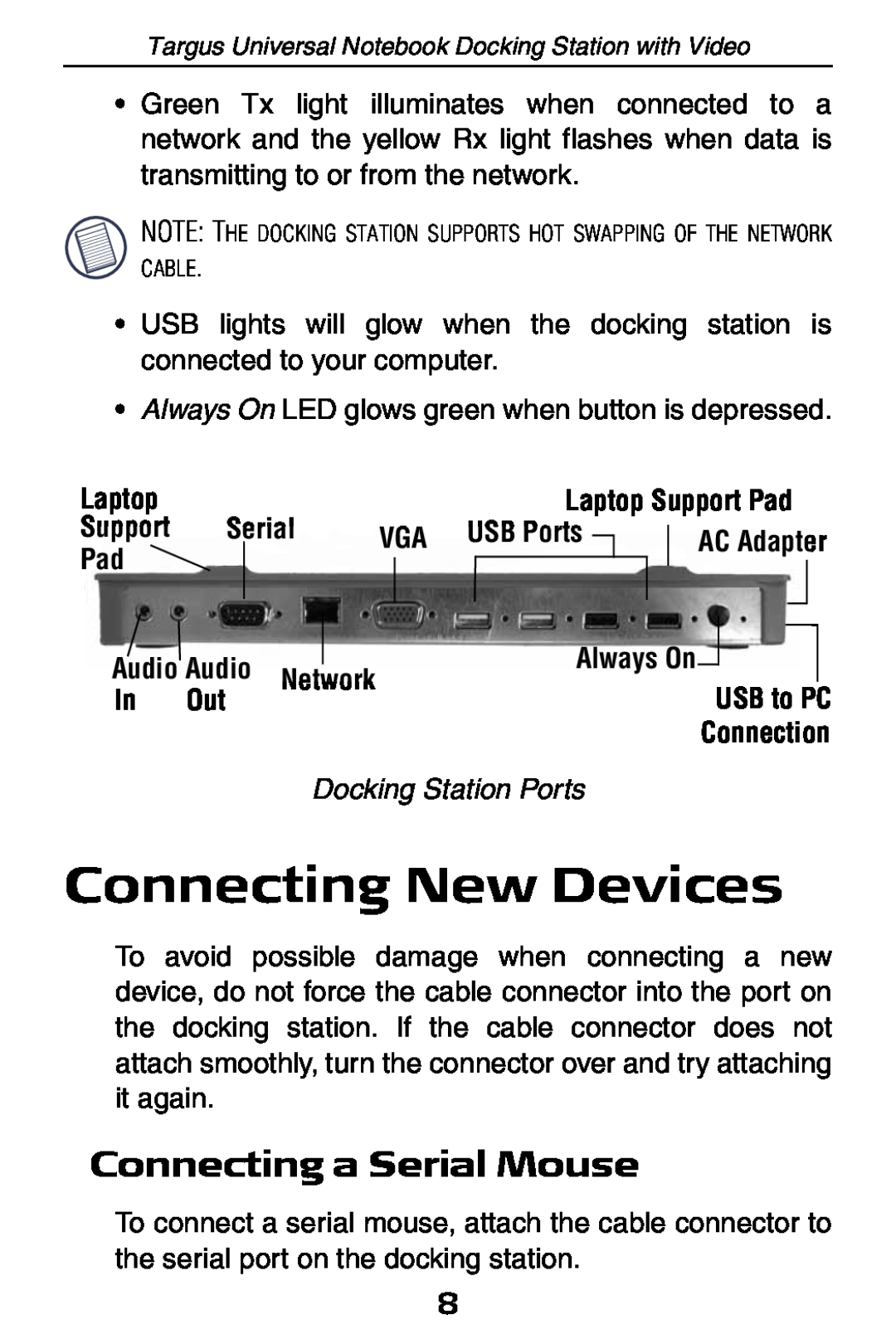 Targus ACP50 specifications Connecting New Devices, Connecting a Serial Mouse, Laptop, Connection, Docking Station Ports 