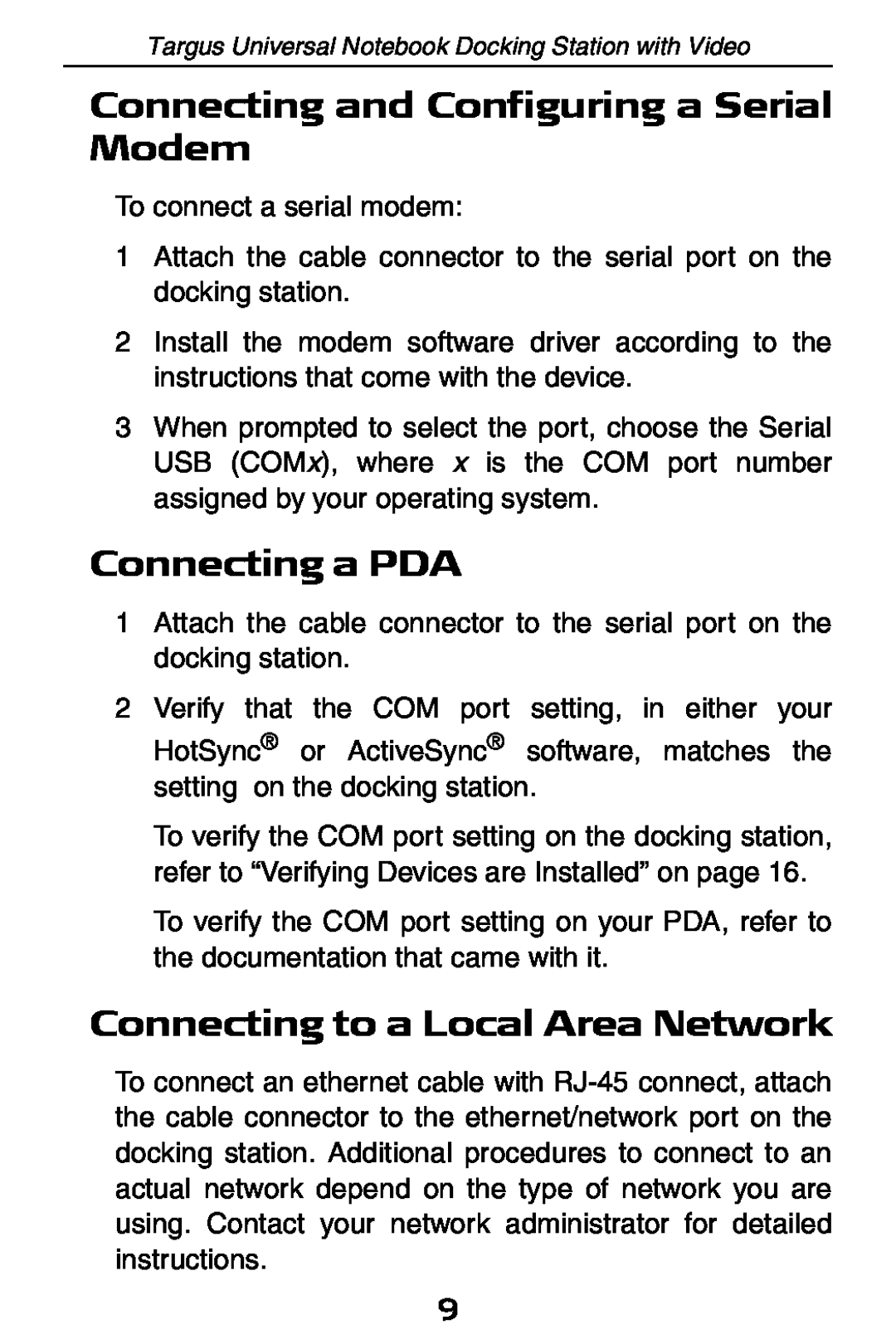 Targus ACP50 specifications Connecting and Configuring a Serial Modem, Connecting a PDA, Connecting to a Local Area Network 