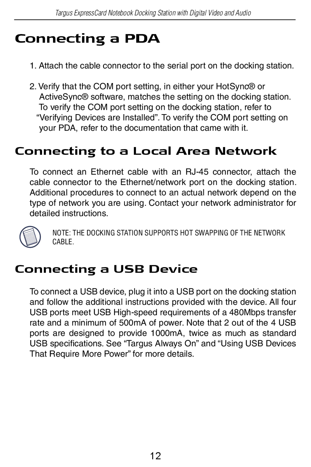 Targus ACP60US specifications Connecting a PDA, Connecting to a Local Area Network, Connecting a USB Device 