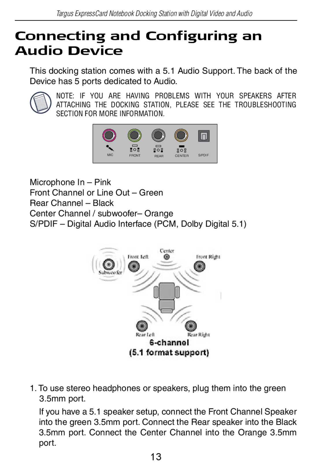 Targus ACP60US specifications Connecting and Configuring an Audio Device 