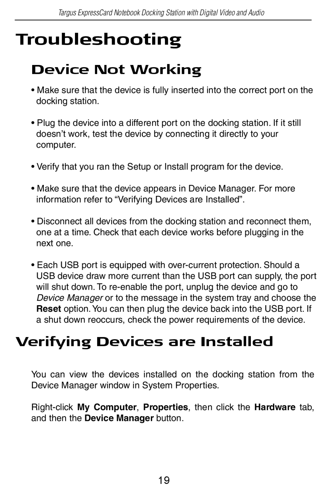 Targus ACP60US specifications Device Not Working, Verifying Devices are Installed 