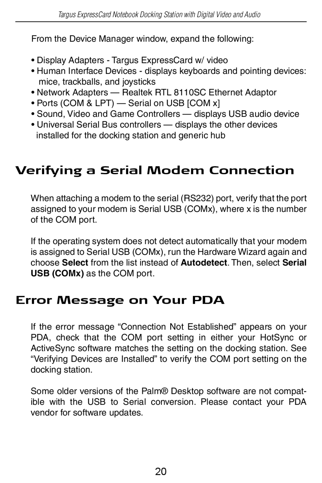 Targus ACP60US specifications Verifying a Serial Modem Connection, Error Message on Your PDA 