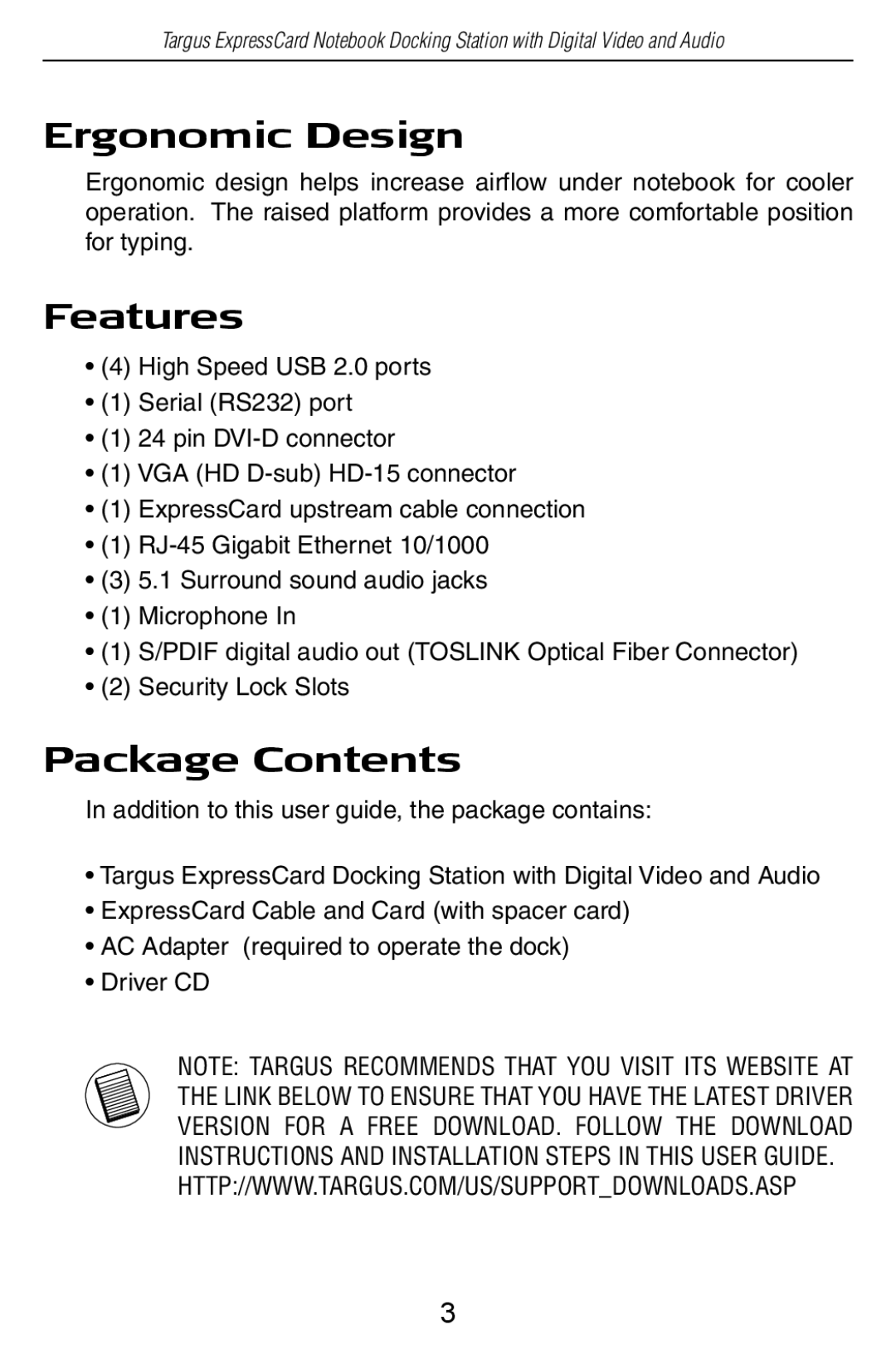 Targus ACP60US specifications Ergonomic Design, Features, Package Contents 