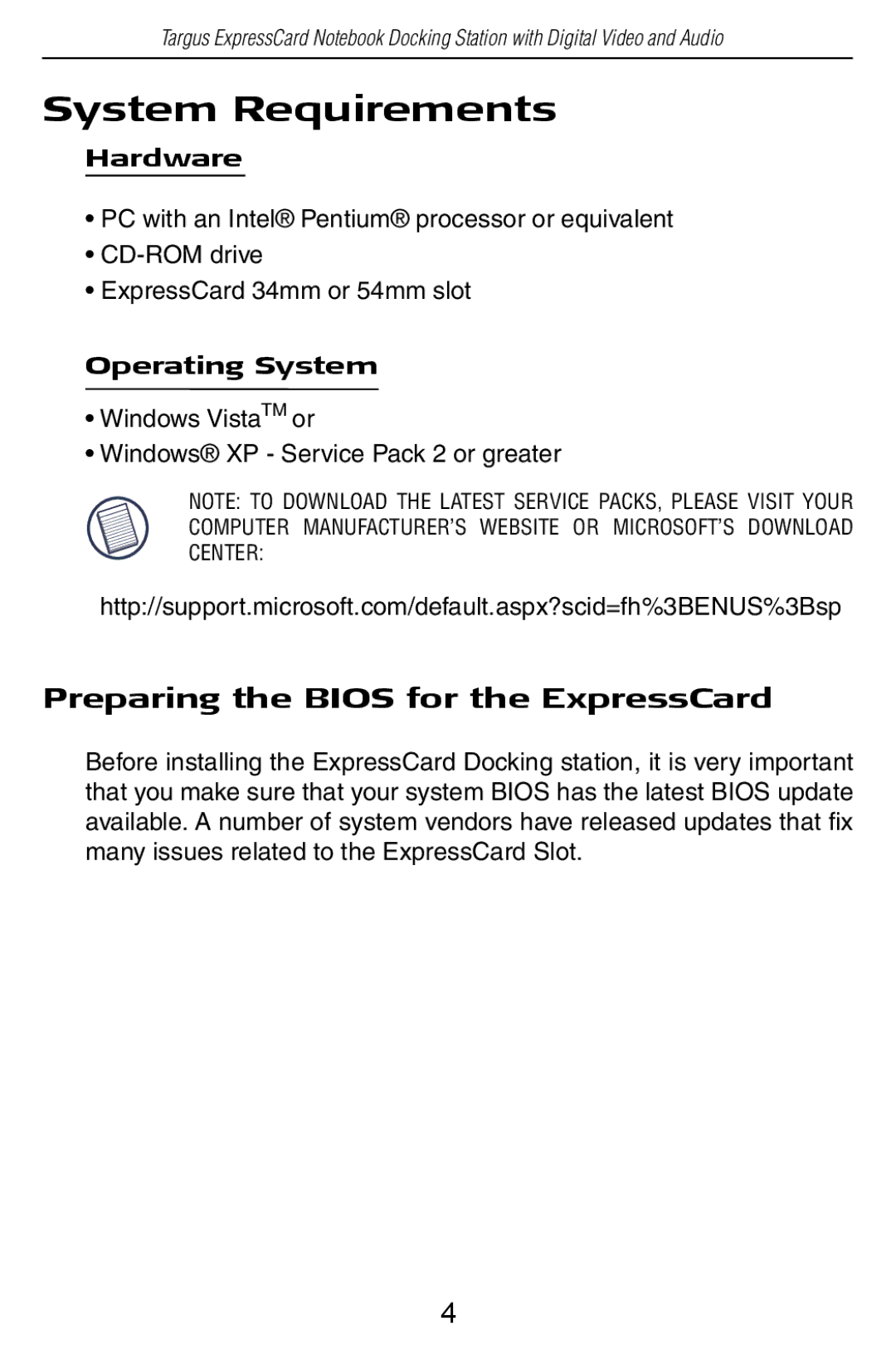 Targus ACP60US specifications System Requirements, Preparing the Bios for the ExpressCard 