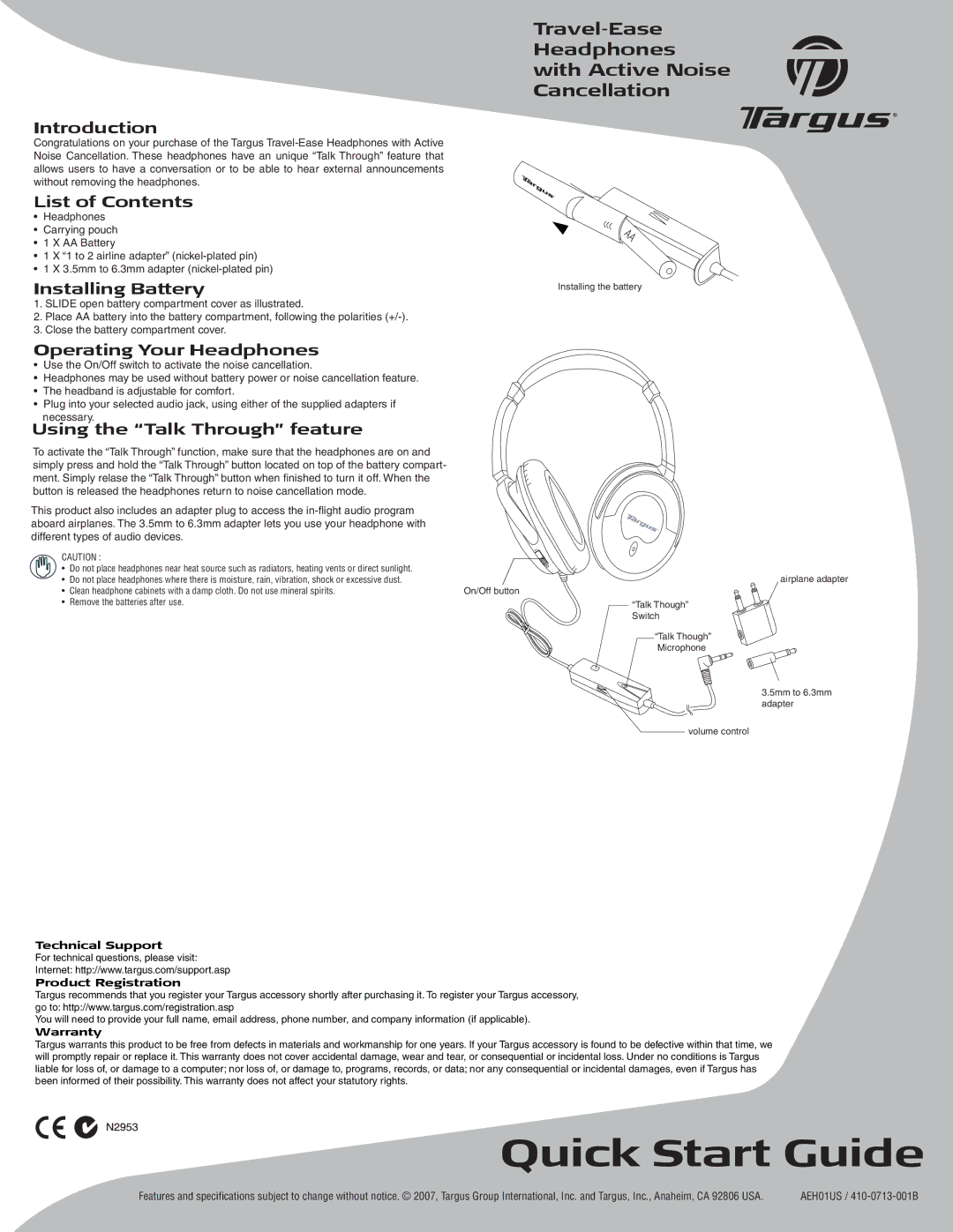 Targus 410-0713-001B, AEH01US quick start Quick Start Guide, Travel-Ease Headphones with Active Noise Cancellation 